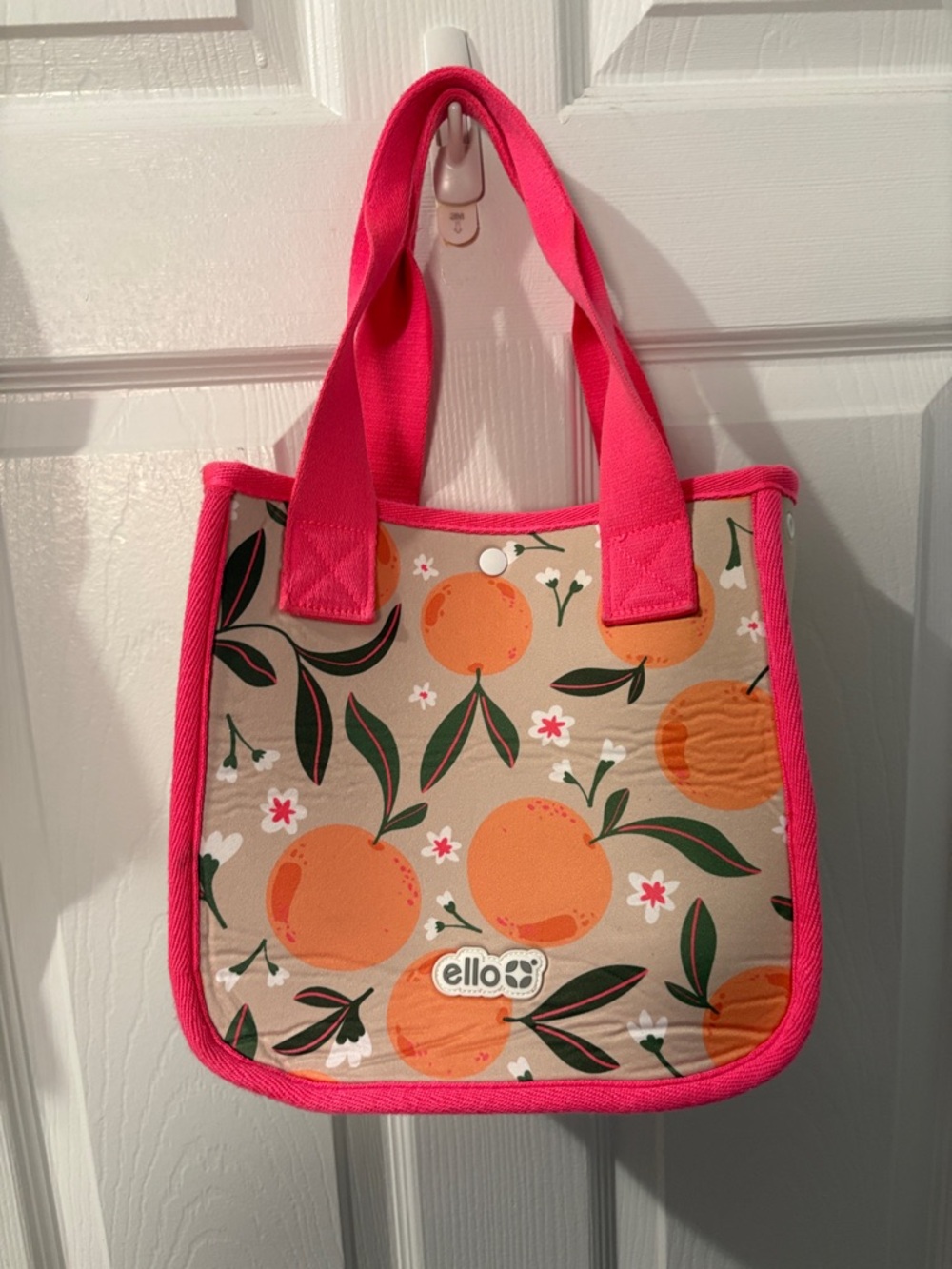 ello Orange Print Pink-Trim Lunch Tote Bag